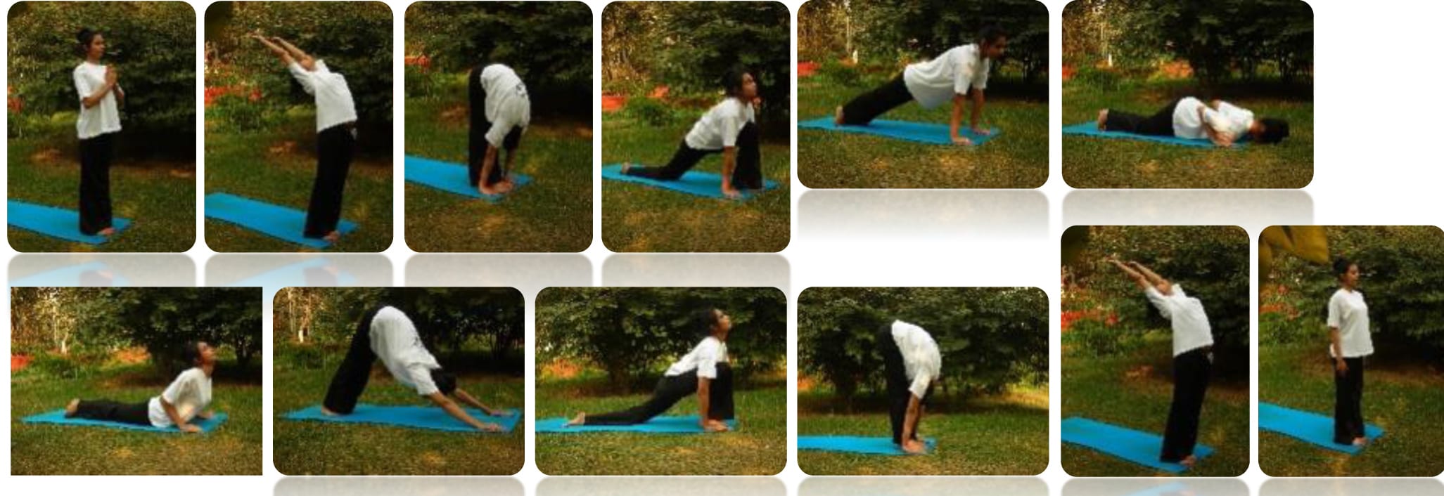 the twelve poses of the surya namaskar shown in sequence as twelve small photographs.