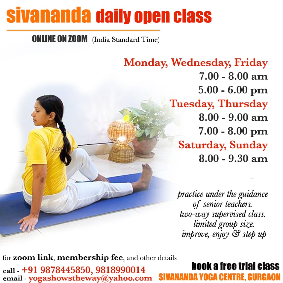 Sivananda daily open class poster — Zoom timings and contact details for booking a free trial class.