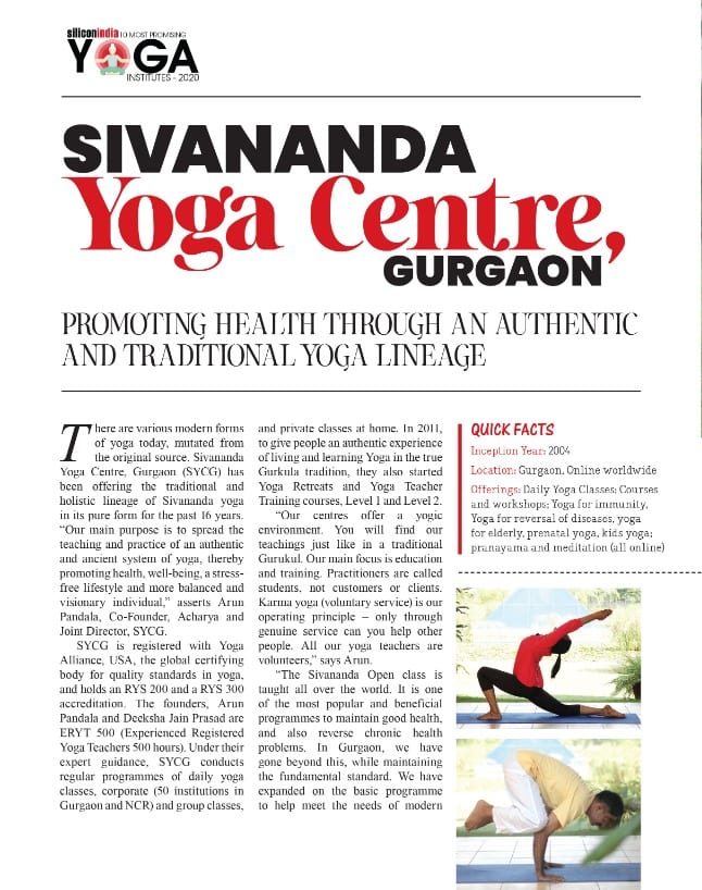 siliconindia Yoga Institutes feature, 2020: "Sivananda Yoga Centre, Gurgaon — promoting health through an authentic and traditional yoga lineage"