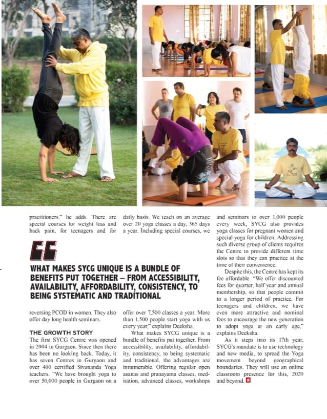 Second page of the siliconindia feature, with photographs of a class practicing and the pull quote "What makes SYCG unique is a bundle of benefits put together"