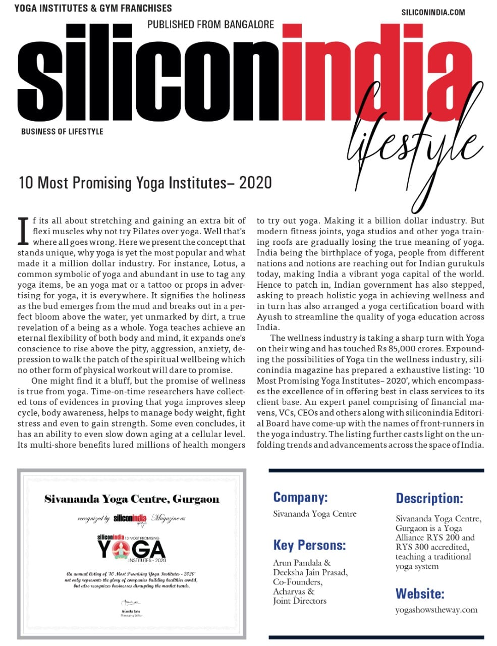 siliconindia Lifestyle cover, "10 Most Promising Yoga Institutes – 2020", with the Sivananda Yoga Centre, Gurgaon listing naming Arun Pandala and Deeksha Jain Prasad