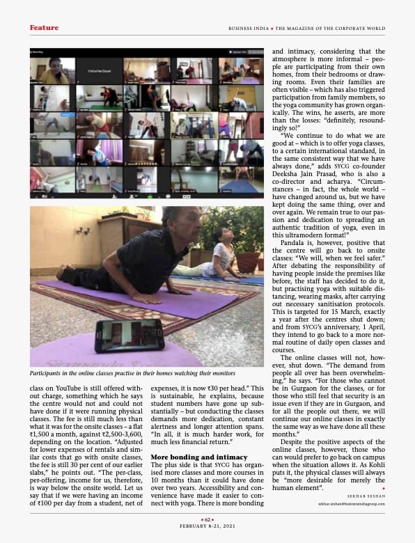 Business India feature continued, showing a grid of students in an online class and the section "More bonding and intimacy"