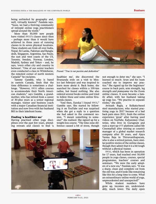Business India feature continued, with the section "Finding a healthier me" and a photograph of a teacher filming a class