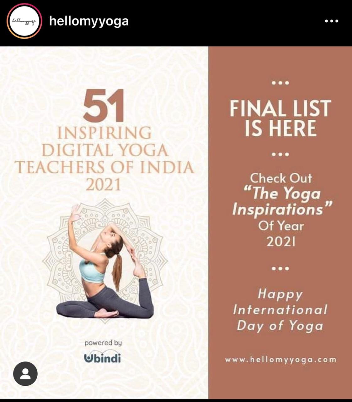 hellomyyoga post announcing the final list of "51 Inspiring Digital Yoga Teachers of India 2021"