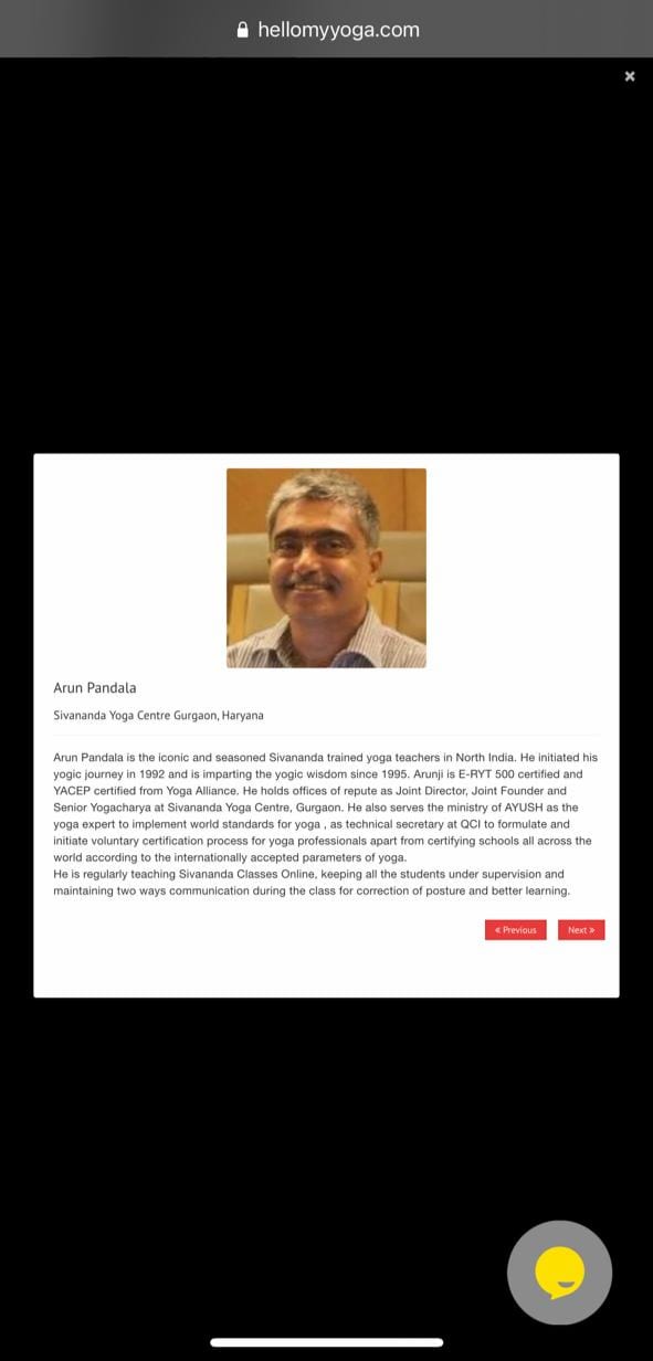 Arun Pandala's entry on hellomyyoga.com, listed under Sivananda Yoga Centre Gurgaon, Haryana