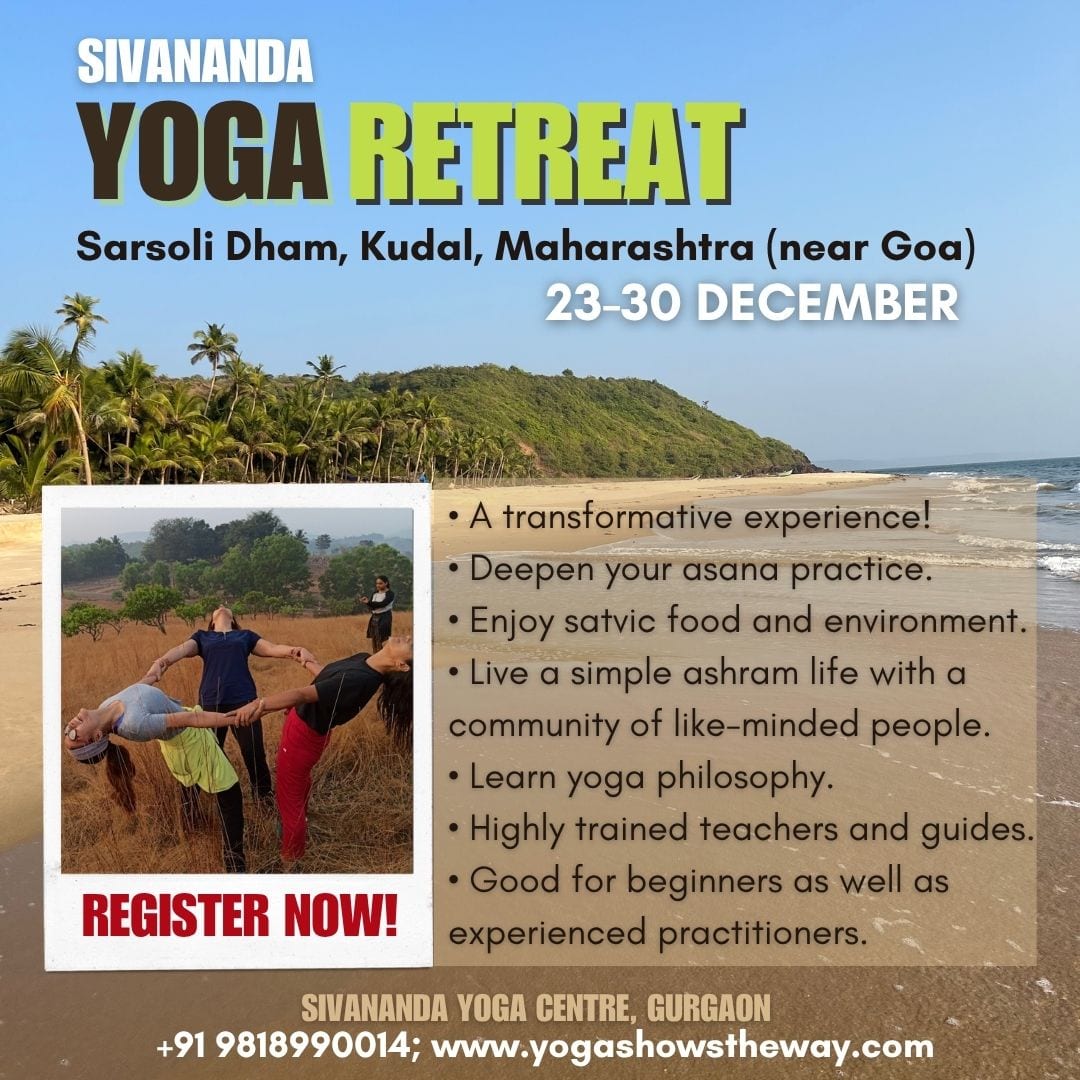 Poster for the Sivananda yoga retreat at Sarsoli Dham, Kudal, 23 - 30 December 2026
